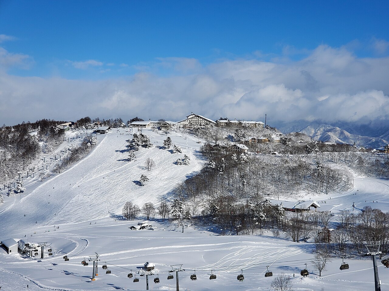 A view of the slopes and facilities of Madarao Mountain Resort at Nagano, Japan