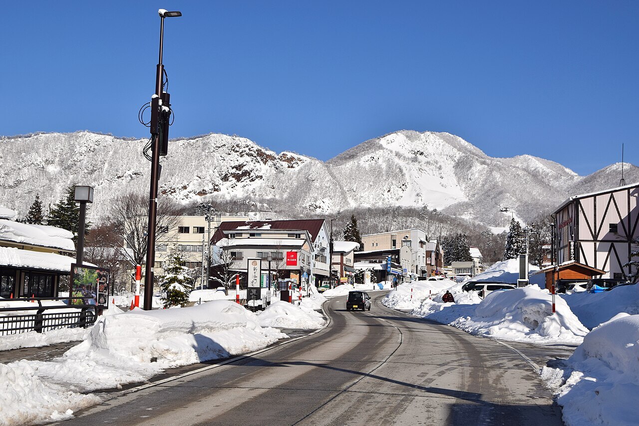 View of a snowy street in Zao Onsen, Yamagata