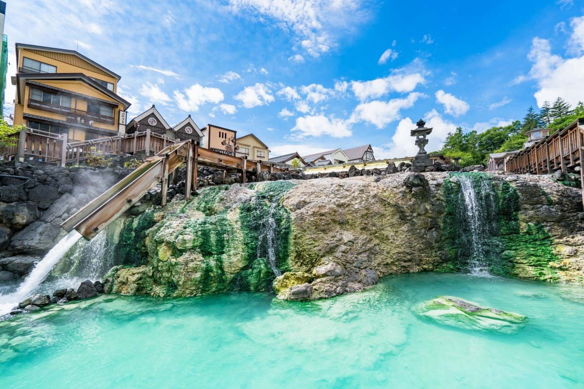 View of Yubatake (Hot Water Field) in Kusatsu Onsen, Gunma, Japan