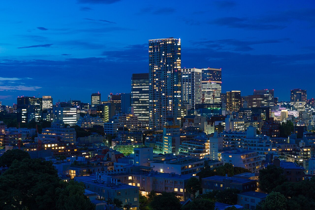 A night time view of Akasaka condos in Tokyo, Japan