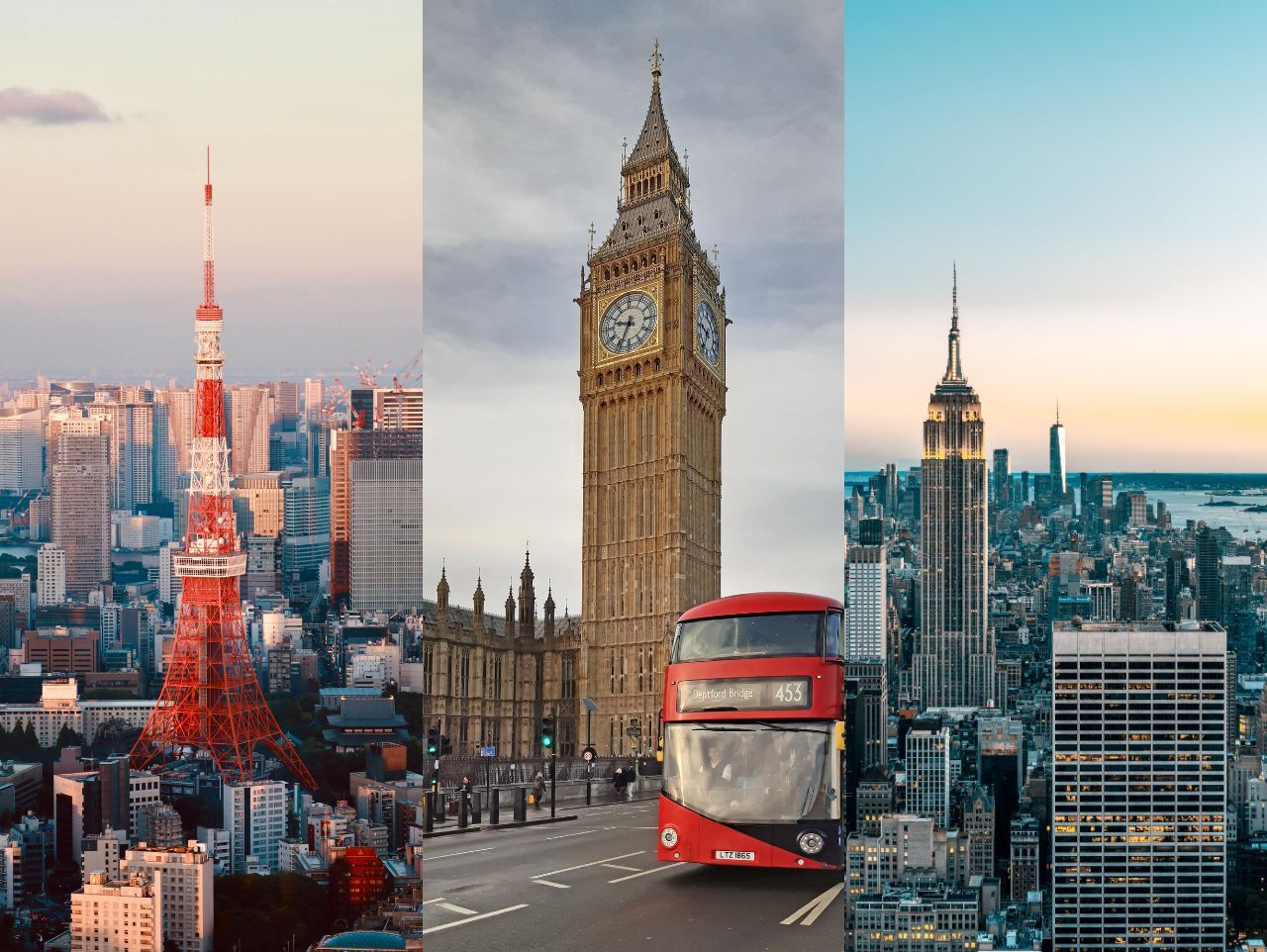 A collage of photos of Tokyo Tower, Big Ben, and Empire State Building