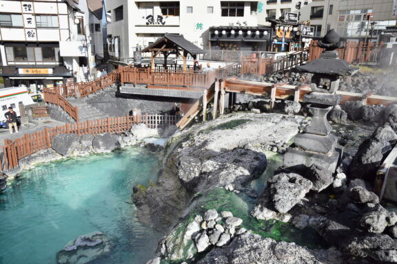 View of Kusatsu Onsen, a hot spring resort located in Gunma Prefecture, Japan, northwest of Tokyo.
