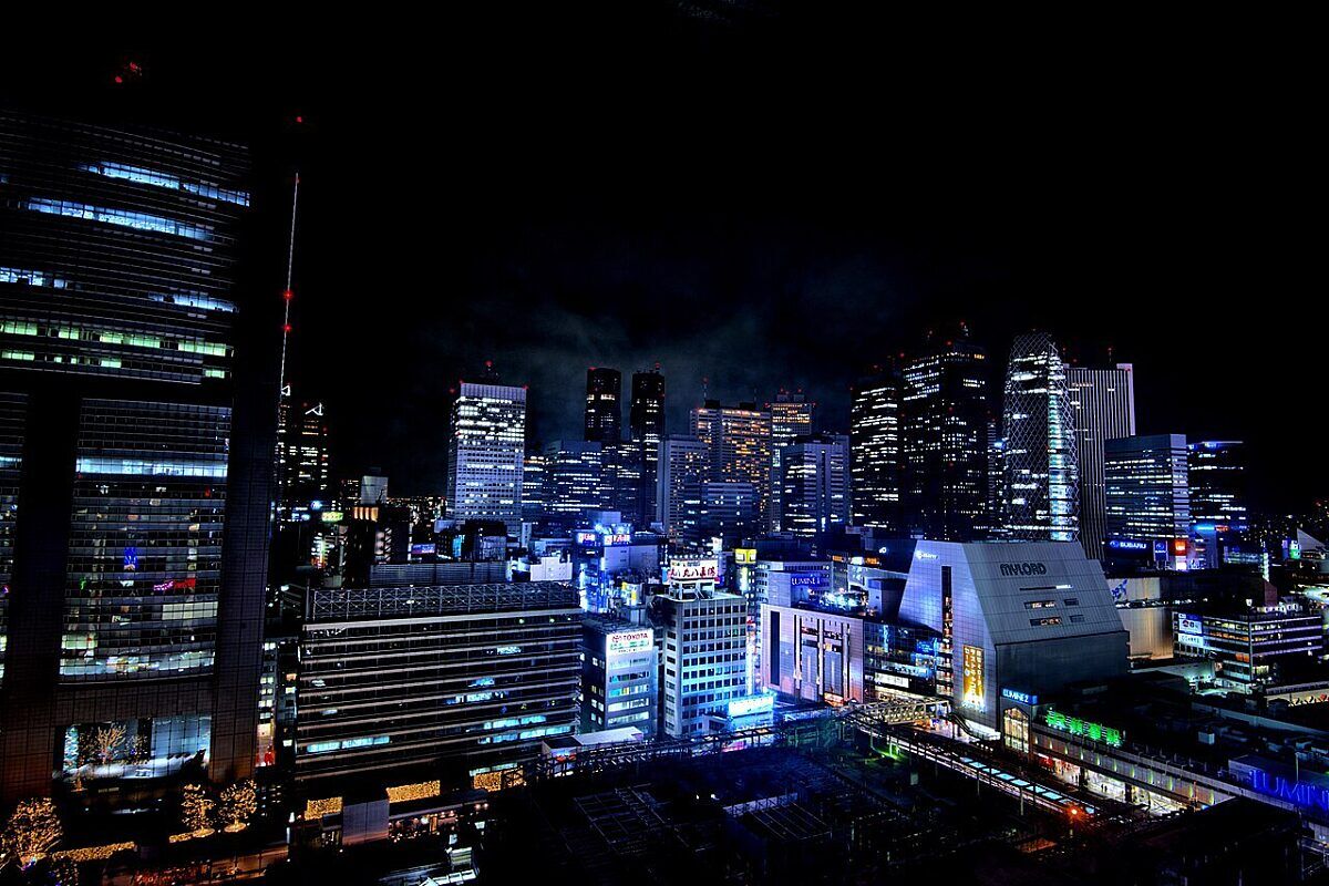 View of Shinjuku Station South Entrance area at night, Tokyo, Japan