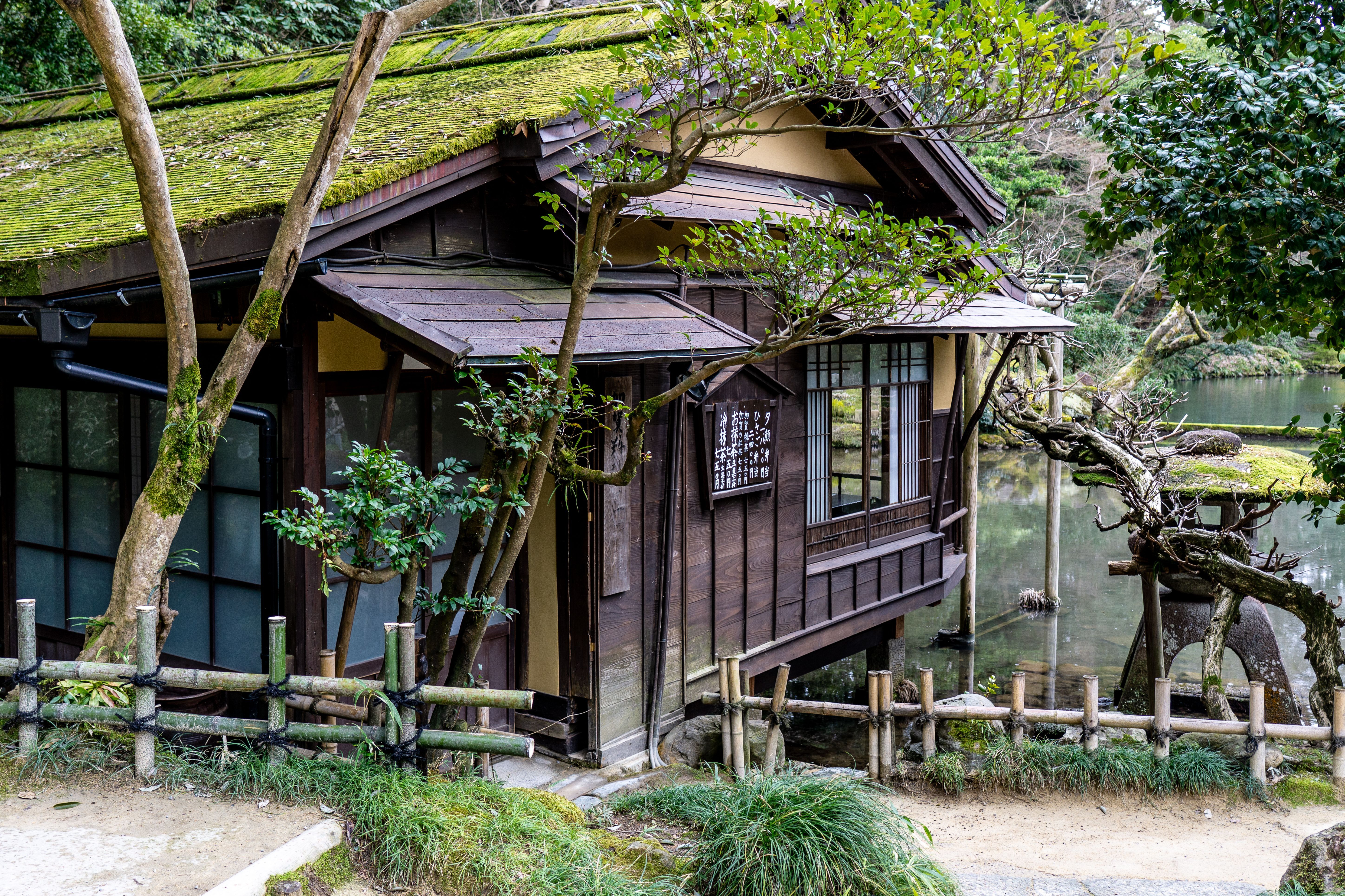 A traditional Japanese tea house surrounded by lush greenery and situated beside a serene lake, exuding tranquility.